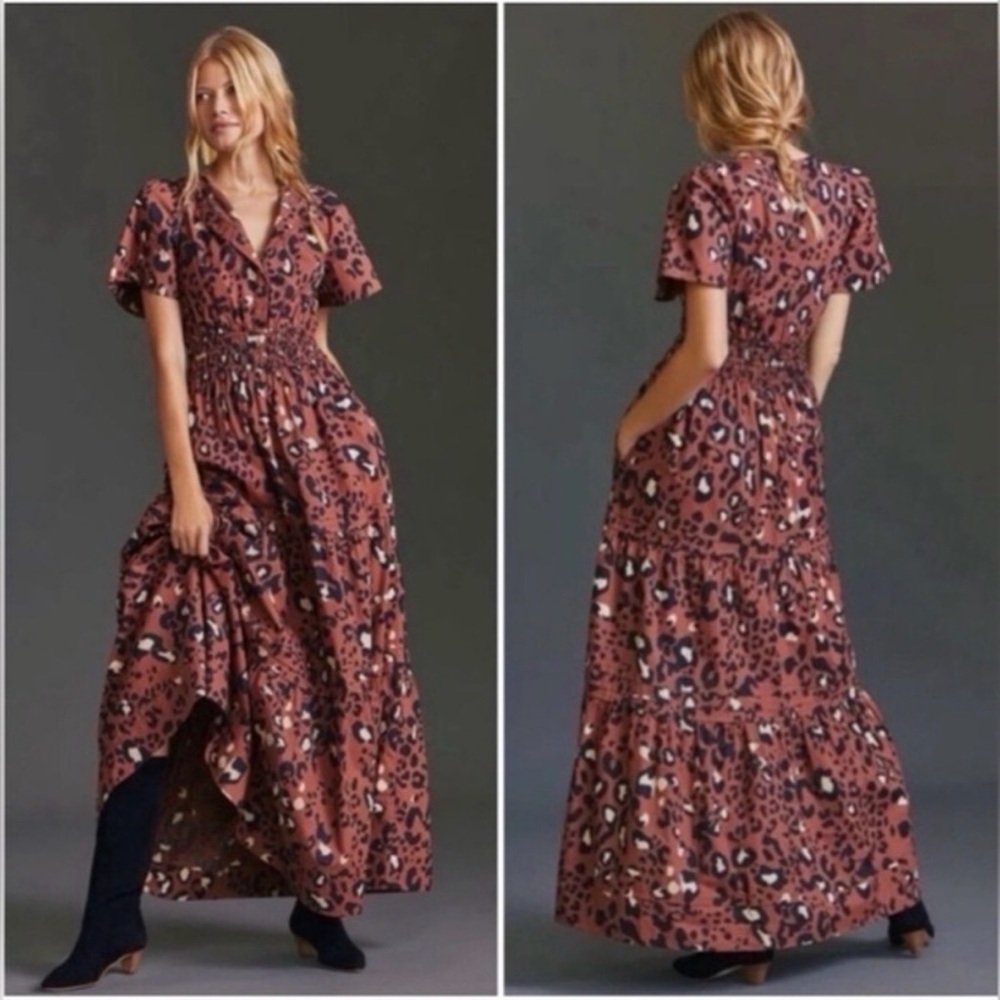 Anthropologie Maeve Somerset Maxi Dress in Leopard Print Size XXS Tiered Cotton